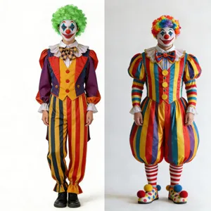 Detailansicht bunter Afro-Clown-Perücken und lebhafter Zirkuskostüme