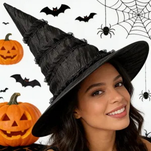 Halloween Hexenhut Gothic Schwarz Spitze Falten Zauberer Hut Kostüm Zubehör Fledermaus Totenkopf Kürbis Druck Party Deko Für Damen