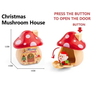 Detaillierte Maße des roten Pilzhaus-Spielzeugs mit Pop-up-Weihnachtsmann-Mechanismus