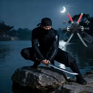 Toma de acción de cosplay ninja con espada katana de plástico y accesorios shuriken