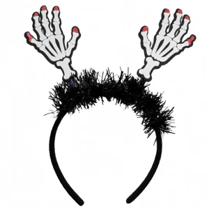 Close-up of Halloween headband with spooky white skeleton hands and black tinsel trim