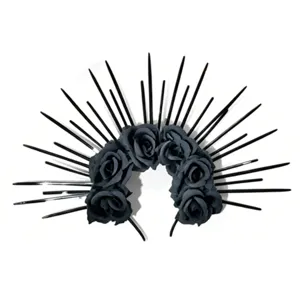 Close-up view of the gothic black rose and long spike sunburst crown party headband.