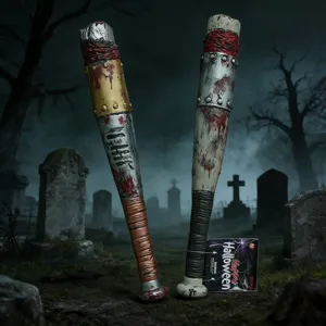 Detailed shot of two bloody plastic baseball bat props in a spooky cemetery setting.