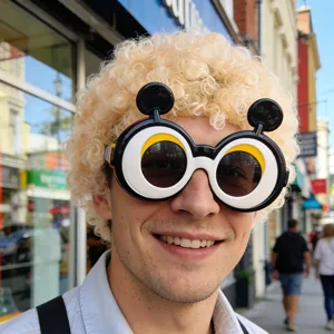 Nahaufnahme einer blonden Afro-Perücke und einer lustigen übergroßen Party-Sonnenbrille