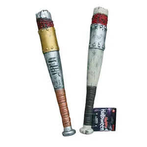 Detailed view of bloody plastic baseball bat props for Halloween parties and cosplay