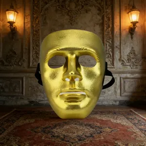 Detailed view of metallic gold full-face mask for Halloween and masquerade parties
