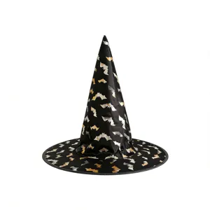 Detail eines schwarzen Halloween Hexenhutes mit goldenen und silbernen Fledermausmustern
