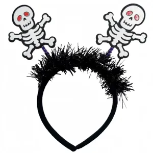 Detailed view of Halloween headband with black tinsel and funny cartoon skeletons
