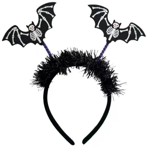 Halloween tinsel headband featuring bat wings and skeleton figures on purple springs
