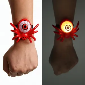 Comparison of a red Halloween spider eyeball bracelet in bright and glowing dark light