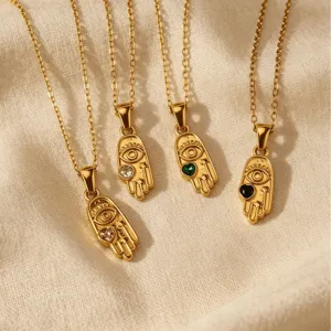 Vintage Edelstahl Hamsa Hand Böses Auge Anhänger Halskette Vergoldet Strass Schlüsselbein Kette Schmuck Für Damen