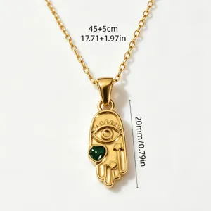 Goldschmuck Hamsa Hand Halskette mit grünem Herz und bösem Blick, edler Edelstahl Halsschmuck.