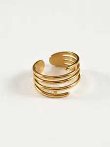 Close-up detail shot of the multi-band geometric hollow gold stainless steel ring design.