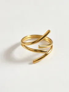 Gold geometric wrap ring detail shot, minimalist stainless steel fashion jewelry for modern women.