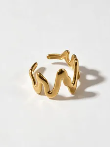 Gold geometric irregular wave open ring, minimalist 18K stainless steel fashion jewelry.