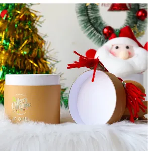 Nahaufnahme einer zylindrischen Weihnachtskiste aus Kraftpapier mit Aufdruck