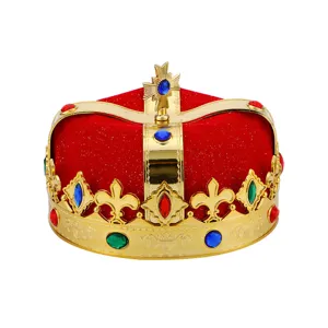 Kids golden plastic king crown with red velvet and colorful gemstones for Halloween costumes