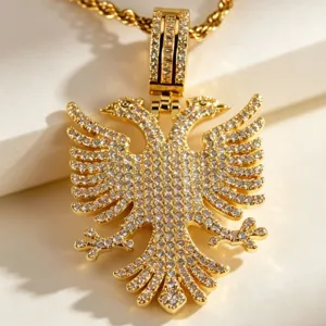 Goldener Edelstahl albanischer Adler Anhänger Halskette mit funkelnden Strasssteinen für Herren