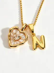 Gold stainless steel mother of pearl heart and letter N pendant necklace for women fashion