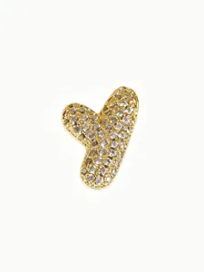Close up of a gold plated bubble letter Y pendant, paved with sparkling cubic zirconia stones.