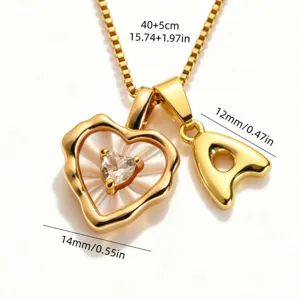 Gold stainless steel box chain necklace with mother of pearl heart and letter A pendant.