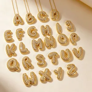 Stainless Steel Copper Zirconia Bubble Letter Pendant Necklace Gold Plated Initial Letter Jewelry For Women