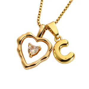 Gold Letter C And Irregular Heart Pendant Necklace Stainless Steel Box Chain Jewelry
