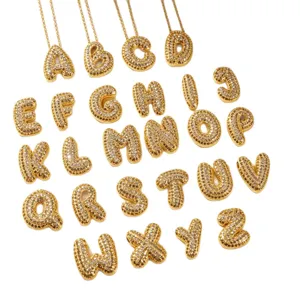 Gold bubble letter pendant necklace, 26 alphabets iced out rhinestone jewelry set.
