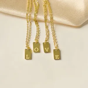 Minimalist Stainless Steel Letter Pendant Necklace Gold Plated Square Tag Choker Fashion Jewelry Gift For Women Men