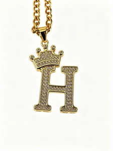 Vintage Krone Buchstabe H Halskette mit funkelndem Zirkonia Anhänger und Edelstahl Kette.