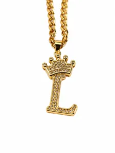 Goldene Krone Buchstabe L Zirkon Anhänger Halskette Kubanische Kette Vintage Schmuck