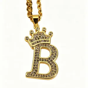 Goldene Krone Buchstabe B Anhänger Halskette Zirkonia Edelstahl Schlüsselbeinkette Damen