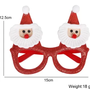 Nahaufnahme der glitzernden Weihnachtsmann-Brille mit Maßangaben 15cm und 18g