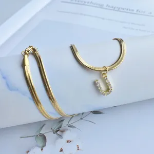 Gold snake chain necklace with sparkling zircon letter U pendant for women jewelry gift.