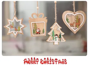 Vista detallada de 4 adornos navideños de madera cortados con láser con temas festivos