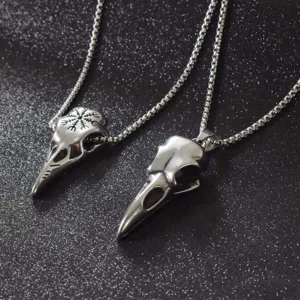 Stainless Steel Bird Skull Pendant Necklace Gothic Raven Skeleton Wicca Compass Jewelry Halloween Gift