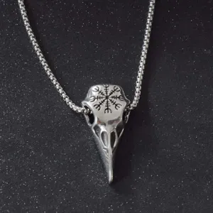 Stainless steel raven skull necklace with Viking compass pendant, punk gothic jewelry detail.