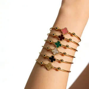 Stainless Steel Clover Open Bangle Bracelet For Women Gold Plated Four Leaf Clover Cuff Bracelet Fashion Jewelry