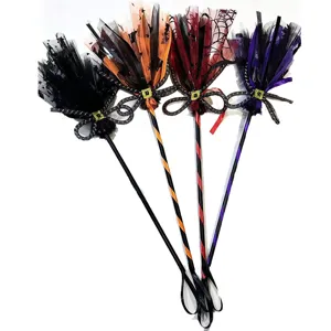 Halloween Witch Broom Magic Wand Polyester Mesh Bat Spider Web Pattern Bow Decor Cosplay Prop For Kids Women Costume Party