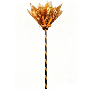 Detailed view of Halloween witch broom with orange bow and striped handle accessory.