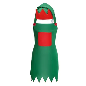 Set costume elfo di Natale con grembiule verde, tasca rossa e cappello abbinato