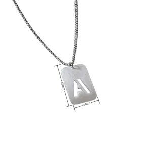 Titanium steel initial pendant necklace detail, minimalist silver letter A charm design closeup.