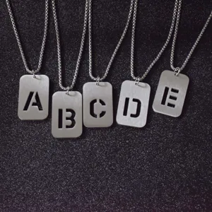 Stainless steel square dog tag pendant necklace with hollow cutout alphabet letters fashion.