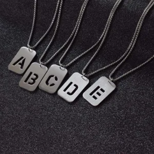 Stainless steel letter pendant necklace detailed view, hip hop silver style square dog tag.