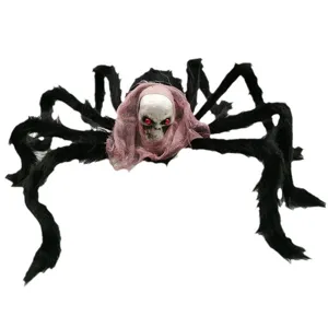 Große 75cm Halloween Plüschspinne mit gruselig leuchtendem Totenkopf