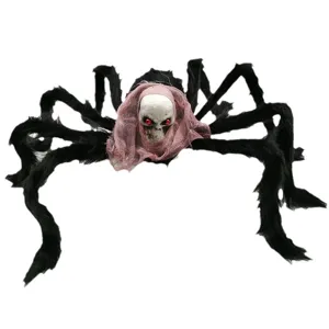Große 75cm haarige schwarze Spinne mit Totenkopf für gruselige Halloween Party Deko