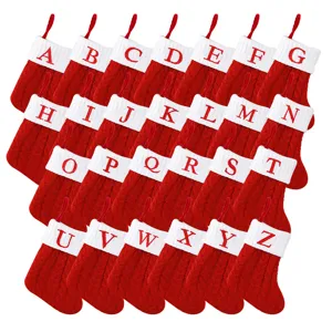 Red White Knit Christmas Stockings Personalized Letter A-Z Embroidery Hanging Stocking Ornament For Xmas Tree Holiday Decor