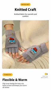 Winter thermal convertible half-finger knit gloves for women, cozy fleece plush hand warmer.