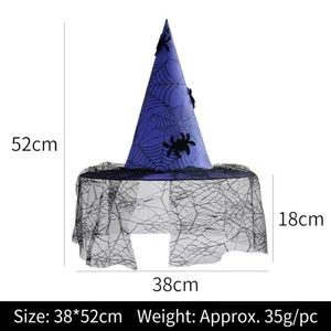 Detaillierte Abmessungen des blauen Halloween-Hexenhutes mit Spinnennetz und Schleier