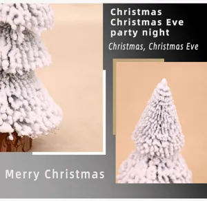 Close-up detail of white flocked mini cedar Christmas tree with realistic snow texture